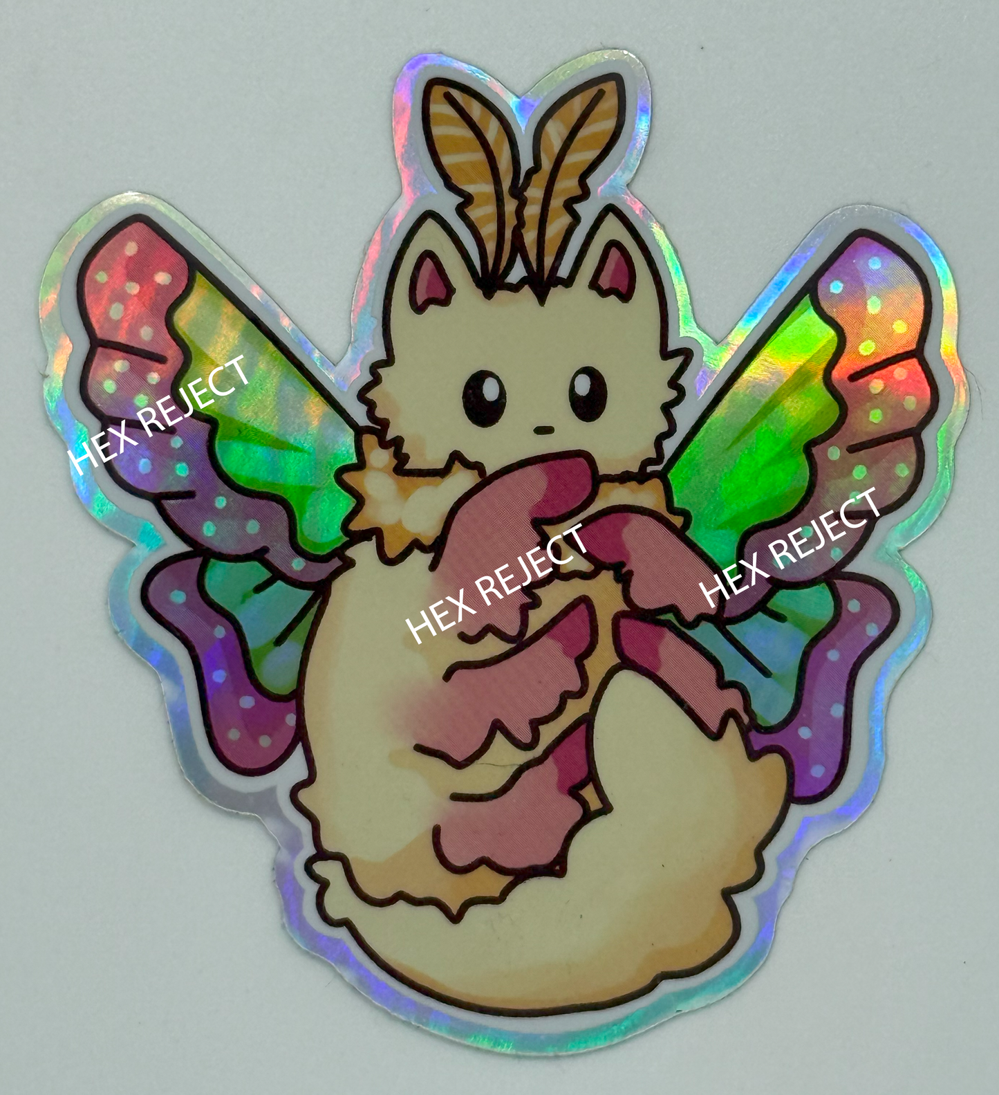 Mothcat 1 Holographic Sticker designed by Hex Reject
